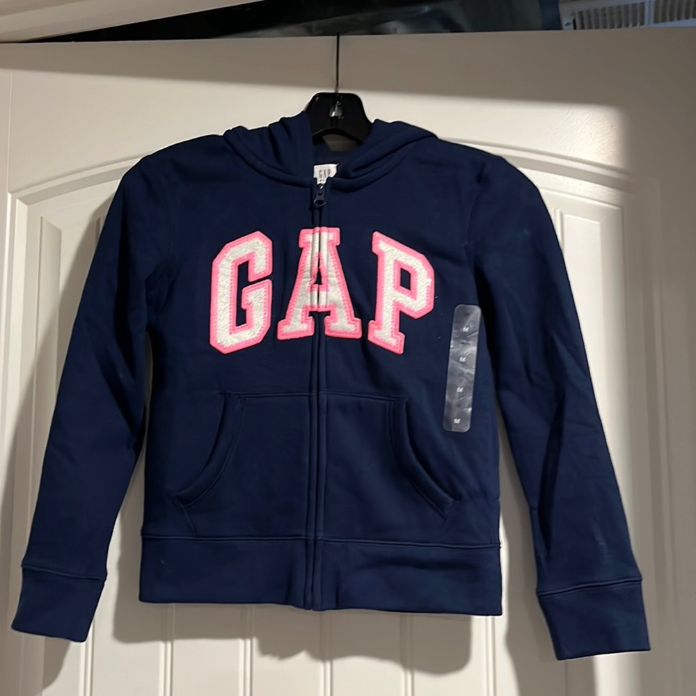 Gap NWT girls Cotten jacket with glittery GAP letters in white trimmed in pink